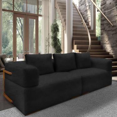 Imagem de Sofá 4 Lugares 2,60m Em Tecido Bouclé Com Aplique Em Madeira – Scott Lucadi Preto