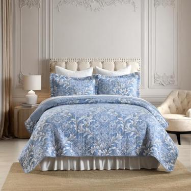 Imagem de Qiqiong - Conjunto de colcha floral, tamanho Queen, 100% algodão, pré-lavado, macio para todas as estações, edredom leve de 3 peças com 2 fronhas, jardim botânico (azul, Queen)