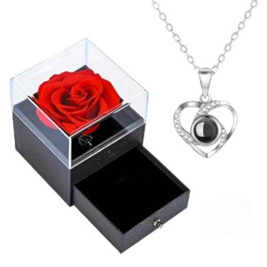 Imagem de Colar Eu Te Amo em 100 Idiomas com Rosa Eterna Preservada, Pingente Coração com Projeção, Presente Romântico com Caixa Elegante