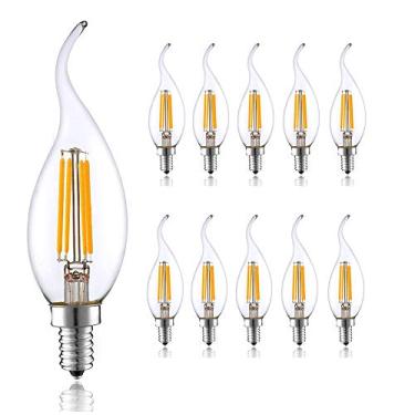 Imagem de Lâmpada LED de filamento de 4W, branco quente 2700-3000K, 400LM, base E14 (tipo Edison), formato de chama C35, equivalente a 40W incandescente, pacote com 10 unidades.