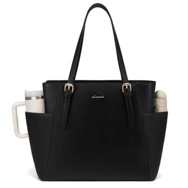 Imagem de LOVEVOOK Bolsa feminina para laptop com suporte de copo grande, bolsa de trabalho de couro para mulheres, pasta de computador profissional de 43 cm, bolsa de ombro para professores de negócios