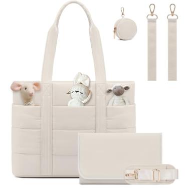Imagem de LOVEVOOK Bolsa de fraldas, bolsa acolchoada para fraldas de bebê com bolso isolado, bolsa de fraldas de viagem com estojo de chupeta e trocador, Off-white, Off White