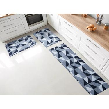 Imagem de Kit Tapetes E Passadeira Antiderrapante Para Cozinha Cor Triângulos Azul