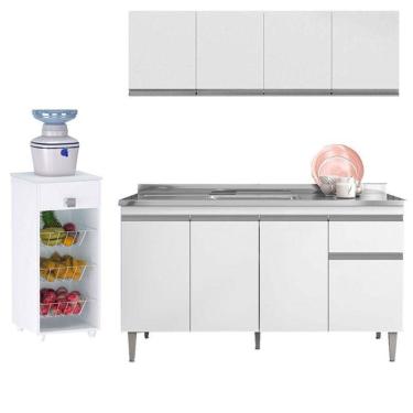 Imagem de Balcão De Pia Tatiane 145 Cm E Armário Aéreo Andréia 4 Portas 150 Cm Com Fruteira Monalise Branco Brilho – Ajl