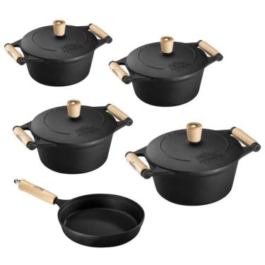 Imagem de Jogo De Panelas 5 Peças Em Ferro Fundido E Alça De Madeira Panela Mineira