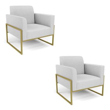 Imagem de Kit 2 Poltronas Base Industrial Alta Dourado Marisa Linho Cinza A05 D03 - D\'rossi