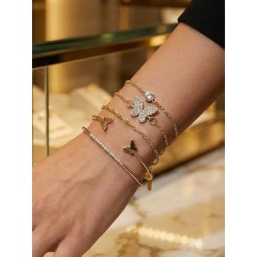 Imagem de Conjunto de pulseira feminina banhada a ouro 14K em camadas com design de borboleta e favo de mel
