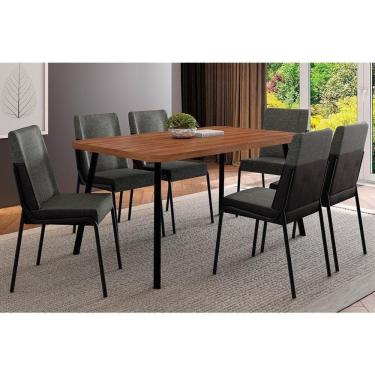 Imagem de Sala De Jantar Completa Stellar 1597 Aço C- Tampo Madeirado 160x90cm E 6 Cadeiras Hug Preto-nogal - Preto-grafite - Preto - Carraro