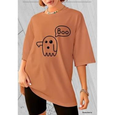 Imagem de Camiseta Oversized Feminina 100 Algodão Gola Redonda Estampa Boo Fantasma Streetwear-Feminino