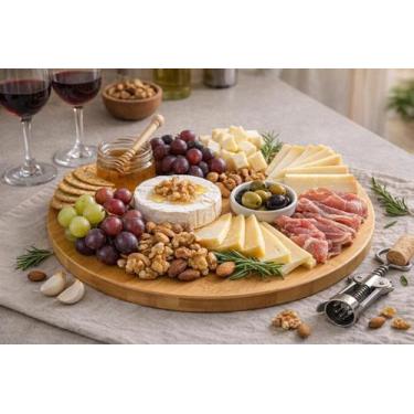 Imagem de Tábua Redonda de Bambu 30cm com Alça  Corte, Queijos e Petiscos - TOP 
