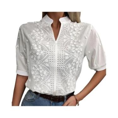 Imagem de Blusa Feminina Floral com Decote V - Manga Curta, Renda e Estilo Casua