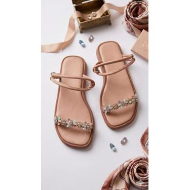 Imagem de Sandalia Feminina Rasteira Flat Rasteirinha Detalhe Em Pedraria Luxuos