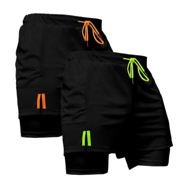 Imagem de Kit 2 Short Treino Térmico 2 em 1 com Bolso Porta-Toalha Calção Fitness Academia-Masculino