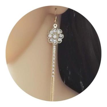 Imagem de Brinco Feminino Franja Longo Strass Dourado Flores Flor Brilho - - anj