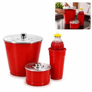 Imagem de Kit pia cozinha 3 peças vermelho com lixeira porta detergente e bucha 