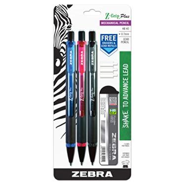 Imagem de Zebra Pen Lapiseira Z-Grip Plus, 0,7 mm, com grafite e borrachas sortidas, azul, rosa, preto, pacote com 3