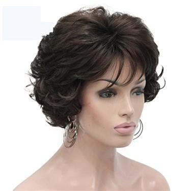 Imagem de Perucas femininas de cabelo sintético curto encaracolado castanho escuro peruca feminina grossa para perucas de cabelo humano diário (cor: 6 castanho castanho, comprimento esticado: 20 cm)