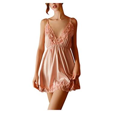Imagem de Dawwoti Conjunto de lingerie sexy feminina decote em V babydoll de renda de seda camisola de noiva negligées com tanga, Rosa, G