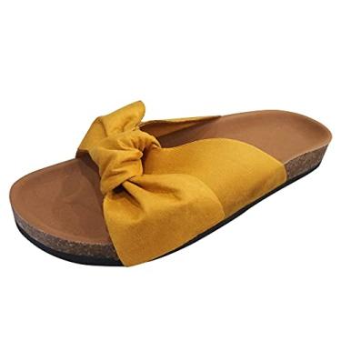 Imagem de Sandálias femininas casuais de verão praia sandálias grossas chinelos sapatos planos salto baixo gravata moda arco feminino chinelo, Amarelo, 10