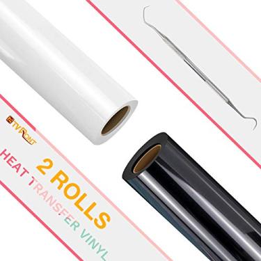 Imagem de HTVRONT Rolos de vinil de transferência de calor - 2 pacotes de vinil HTV preto e branco de 30,5 cm x 2,4 m para camisas, ferro em vinil para todas as máquinas de corte - Fácil de cortar e remover