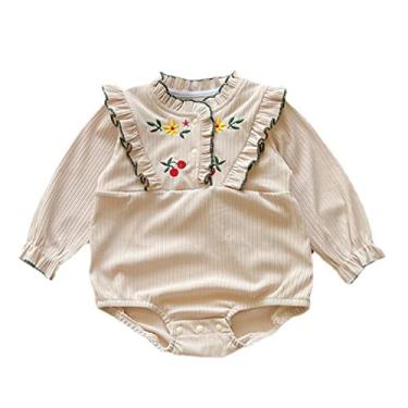 Imagem de Macacão de manga comprida de algodão com renda de outono para bebês recém-nascidos para meninas meninos de 12 meses (bege, 0-6 meses)