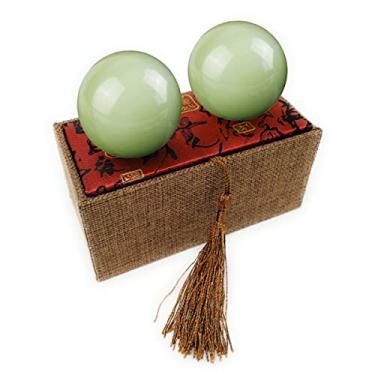 Imagem de RCSTONE Bolas Baoding Jade Afeganistão Verde Claro de 5 cm Exercício de Estresse de Cristal para Alívio, Exercício e Terapia de Mão, Handebol de Pedra Natural Chinesa com Bolsa de Transporte (Embalage