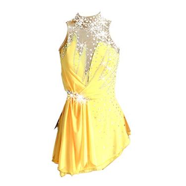 Imagem de Vestido de ginástica de arte, vestido de patinação com figura de gelo para meninas, feminino, amarelo, sem mangas, vestido sexy, Amarelo, XG