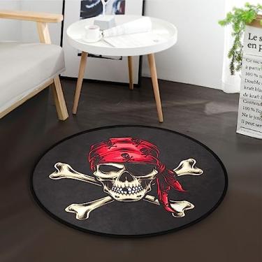 Imagem de Tapete de área de 9,5 cm redondo vermelho crânio pirata tripulação preto antiderrapante tapete redondo tapete de área interna para decoração de casa 9,5 x 9,5 cm redondo