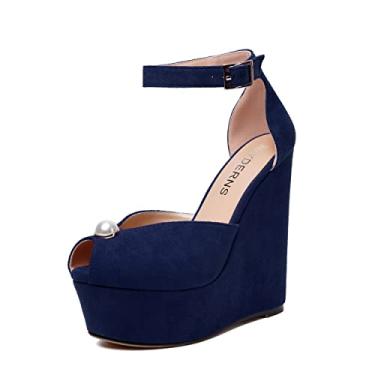 Imagem de WAYDERNS Sapato feminino de camurça peep toe casamento tira no tornozelo plataforma sexy fivela cunha salto alto sapatos 6 polegadas, Azul marinho, 12