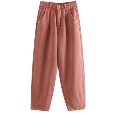 Imagem de RuuTe Calça jeans feminina Aonibeier para mamãe solta na cintura, rosa, PP
