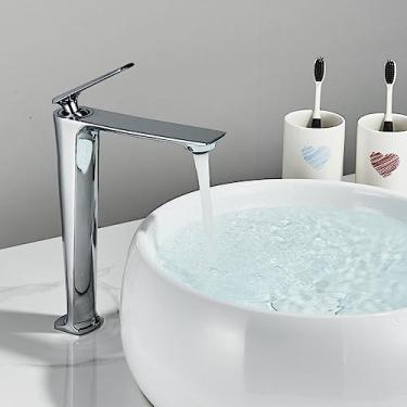 Imagem de Torneira preta alta/curta para banheiro, torneira misturadora quente e fria, montagem no deck, design europeu, alça única, um furo, torneira para pia de banheiro, altura cromada