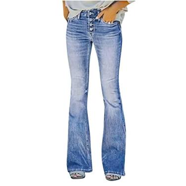 Imagem de Calça jeans feminina plus size com cintura alta elástica skinny com bolsos, Jeans azul de cintura alta para mulheres, M