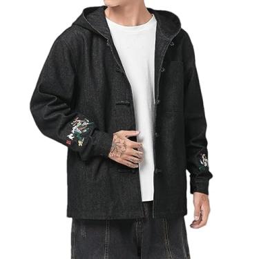 Imagem de KANG POWER Jaqueta jeans com capuz estilo chinês bordado Kirin plus size casaco outono tops roupas masculinas, Preto, M