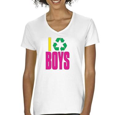 Imagem de Camiseta feminina "I Recycle Boys Puff Print", gola V, engraçada, aplicativo de namoro, humor, solteiro, independente, relacionamento, Branco, G