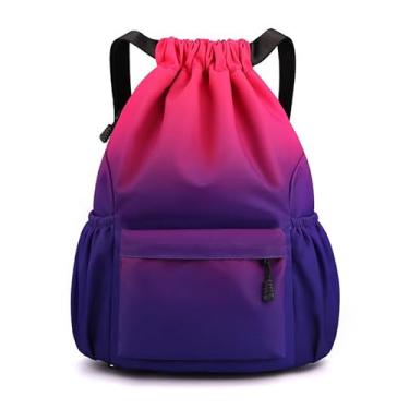 Imagem de Bolsa impermeável com cordão, mochila leve com suporte para garrafa de água e bolsos, mochila esportiva de ginástica, Vermelho, azul, Small, Esportes
