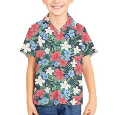 Imagem de Spowatriy Camisetas havaianas de manga curta unissex de verão para crianças, camisa social de botão, camisas Aloha 3-16T, Folha de flor de palmeira, 13-14 Years