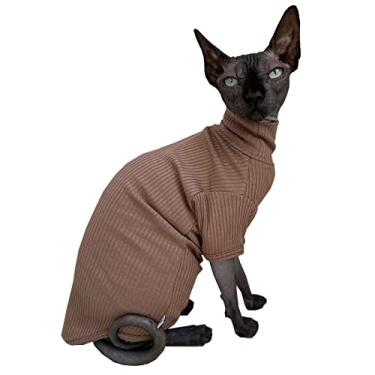 Imagem de Camiseta de gatos Sphynx com gola rolê de algodão pulôver gatinho camisetas com mangas pijama de gato macacão para Sphynx Cornish Rex, Devon Rex, Peterbald (2GG (pacote com 1), marrom claro)