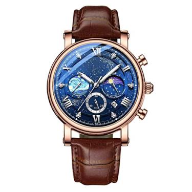 Imagem de MINILUJIA Relógios masculinos com mapa do mundo à prova d'água 50 m, universo estrelado, globo terrestre, lua, sol, giratório, atraente, personalizado, exclusivo, relógios masculinos, Marrom luminoso,