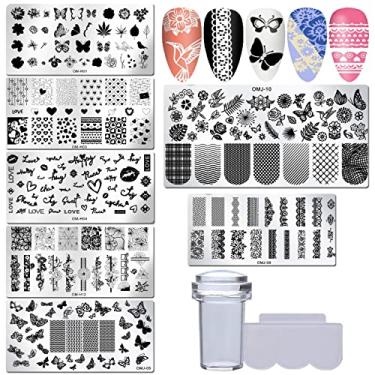 Imagem de LoveOurHome Kit de estampagem de unhas Valentine 7 peças flor borboleta geométrica placa de estampagem estêncil com carimbos de silicone raspador ferramentas de carimbo para mulheres meninas crianças