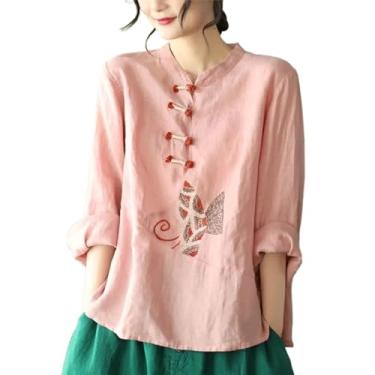 Imagem de Camisetas femininas vintage bordadas de manga comprida, casual, estilo chinês, botão cheongsam, algodão, chá zen, rosa, M