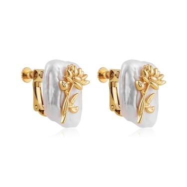 Imagem de SLOONG Brincos de flor de nascimento, banhado a ouro 18 K, brincos de pérola de água doce para mulheres, piercing falso, pérolas barrocas, brincos de orelha, Cobre, Pérola