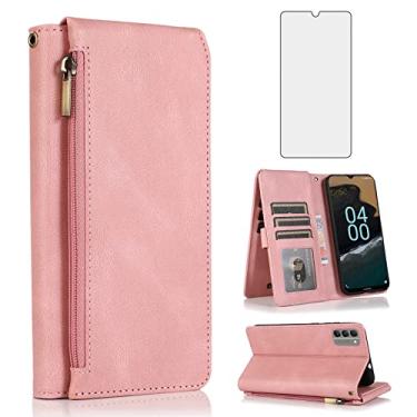 Imagem de Asuwish Compatível com Nokia G400 5G Capa carteira protetora de tela de vidro temperado e zíper retrô de couro flip, suporte para cartão, acessórios para celular G 400 400G 2022 feminino ouro rosa