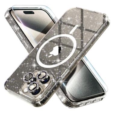 Imagem de Choiche Capa magnética para iPhone 15 Pro, capa feminina brilhante com glitter transparente, [3 protetores de lente de câmera Diamond] [2 protetores de tela de vidro temperado] [MagSafe compatível]