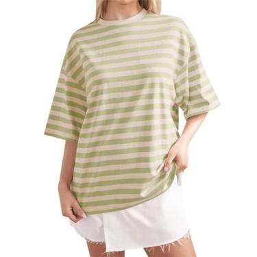 Imagem de Camisetas femininas grandes listradas de manga curta Color Block gola redonda básica casual verão, Verde cáqui, G