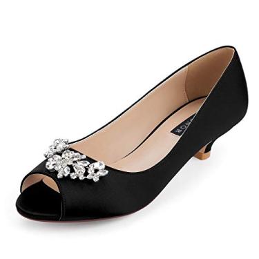 Imagem de ERIJUNOR sapato feminino confortável salto baixo gatinho strass peep toe casamento noite festa sapatos social escarpim, Preto, 7.5