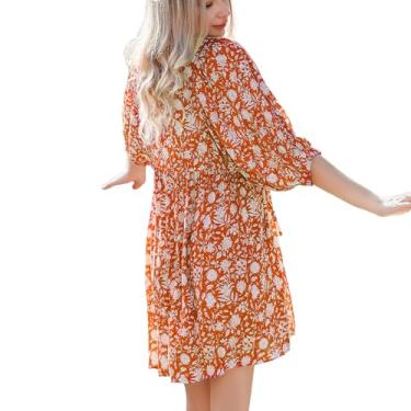 Imagem de Vestido curto floral boêmio: verão bonito manga bufante - blusa casual com decote em V - Mini vestido de sol de jardim rodado 2415, Laranja, P