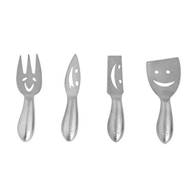 Imagem de Conjunto de facas de queijo NewlineNY de aço inoxidável, 4 peças, sorrindo, facas de queijo rígidas e macias, garfo de servir e espátula de queijo