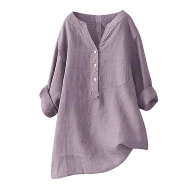 Imagem de Camiseta feminina de linho Henley Pocket Blusas Plus Size manga longa cor sólida verão túnica, Rosa choque, XXG
