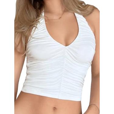 Imagem de SweatyRocks Regata feminina frente única franzida cropped sem mangas slim fit, Branco, P