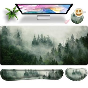 Imagem de JYCUHTCL Forest Desk Pad Conjunto de mouse pad grande para jogos, 90 x 40 cm com apoio de pulso para teclado, suporte de pulso e porta-copos de espuma viscoelástica suave para mesa em casa,